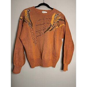 Vintage German Sweater Artsy 80s 90s Retro Abstract Beads Size L Brown Orange